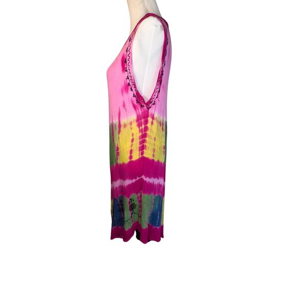 In Gear Resort tie-dye asymmetric embroidered sleeveless bohemian midi dress OS - Picture 2 of 11